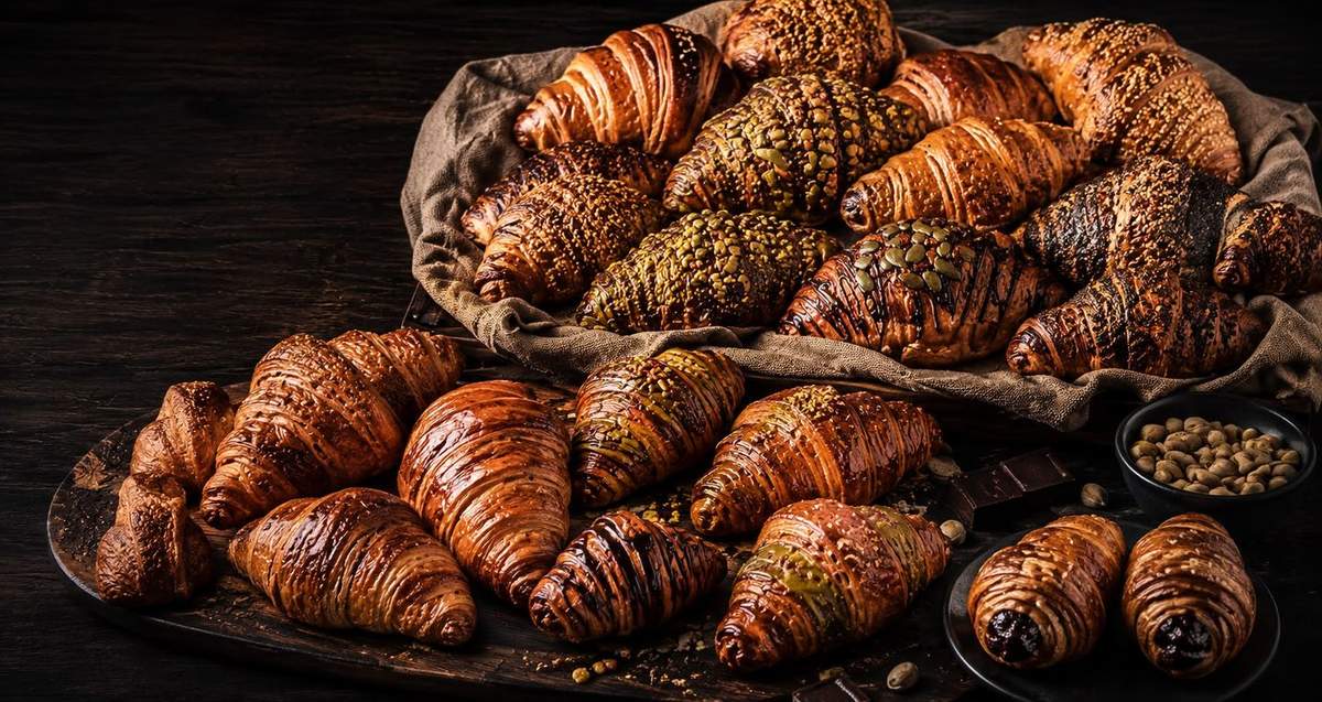 Frische Croissants der Bäckerei Veloso – verschiedene Sorten in der Übersicht